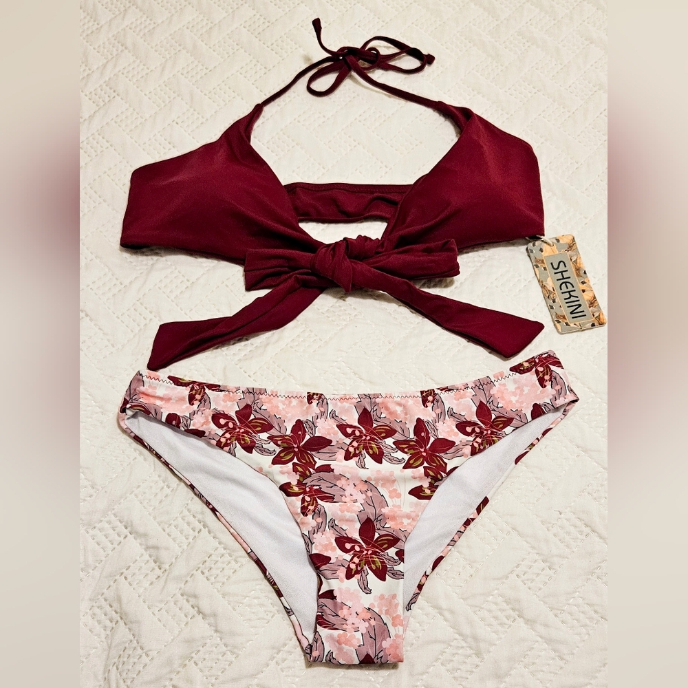 NWT SHEKINI Womens Swimsuit Halter Bandage Bikini Floral Printed Burgundy Size M